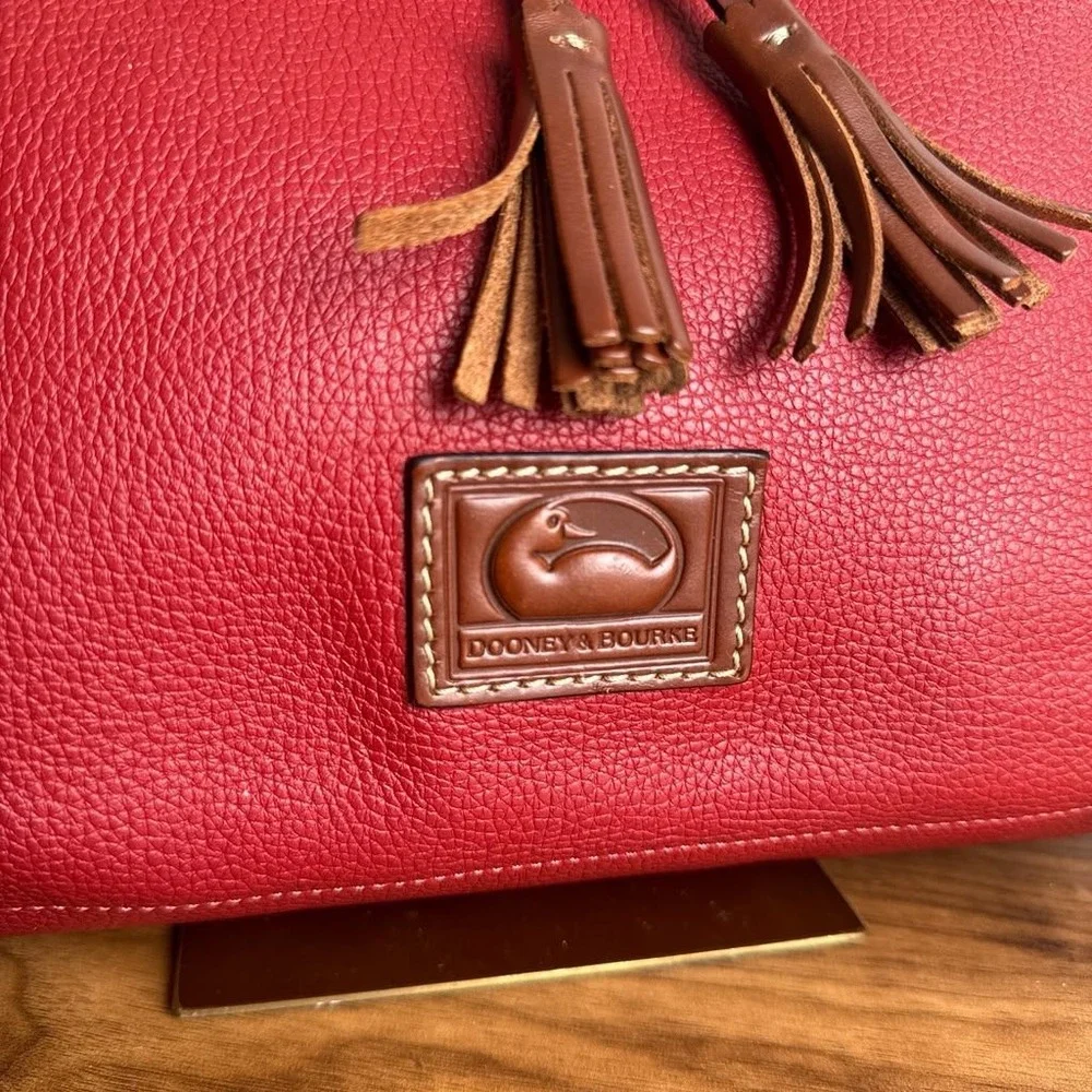 Dooney & Bourke Wakefield Tassel Tote Bag Red Brown Trim Pebble Leather